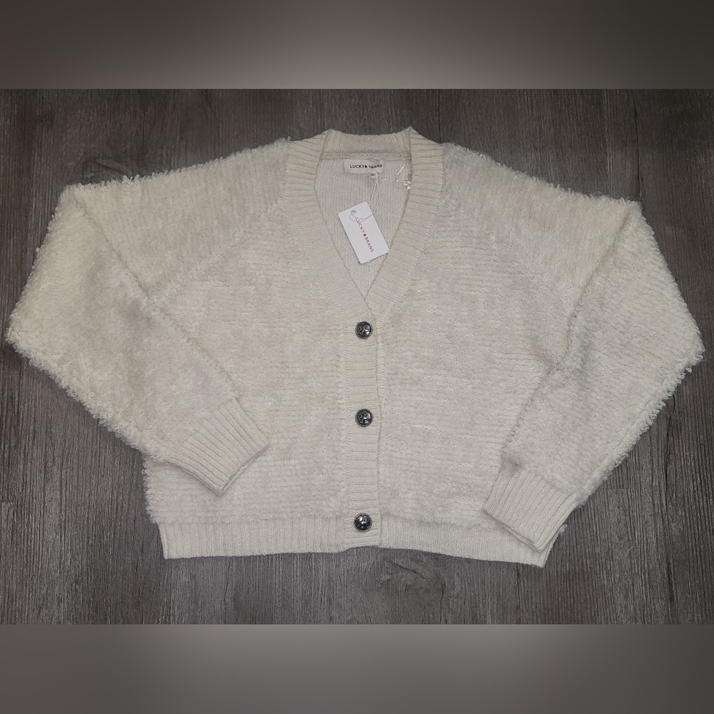 Lucky Brand Sweater Cream Fuzzy Silver Buttons NWT Womens Medium - Picture 1 of 7